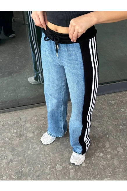 Beli Bağcıklı Yan Şerit Çizgili Denim Pantolon
