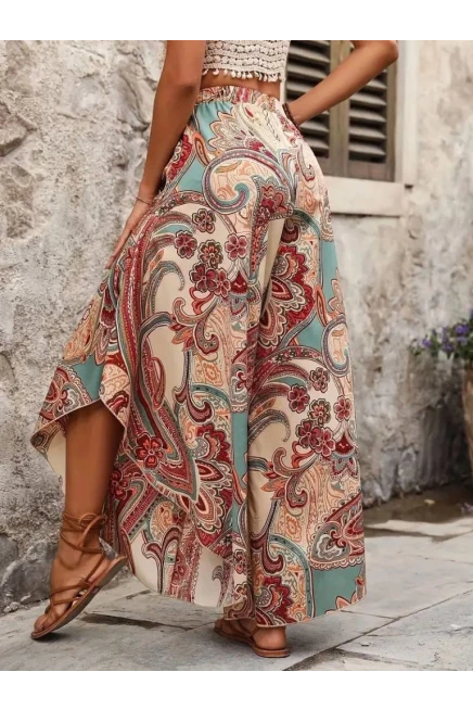 Beli Lastikli Desenli Geniş Paçalı Süprem Pantolon