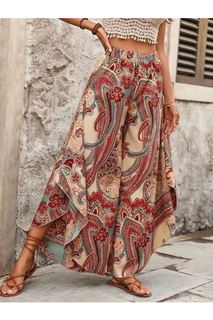 Beli Lastikli Desenli Geniş Paçalı Süprem Pantolon