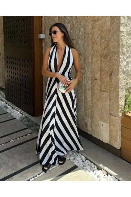 Çizgili Boyundan Bağlamalı Maxi Boy Elbise