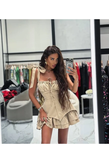 Dalgıç ve Sandy Kumaş Astarlı Düğmeli Korse Elbise