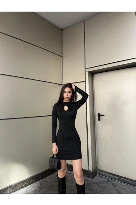 Damla Detay Flok Baskı Dalgıç Mini Elbise