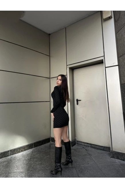 Damla Detay Flok Baskı Dalgıç Mini Elbise