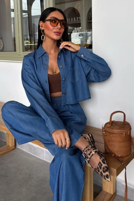 Denim Gömlek Plazzo Pantolon Takım