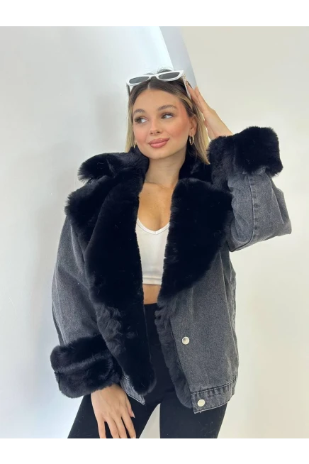Denim Yıkamalı İçi Peluş Mont