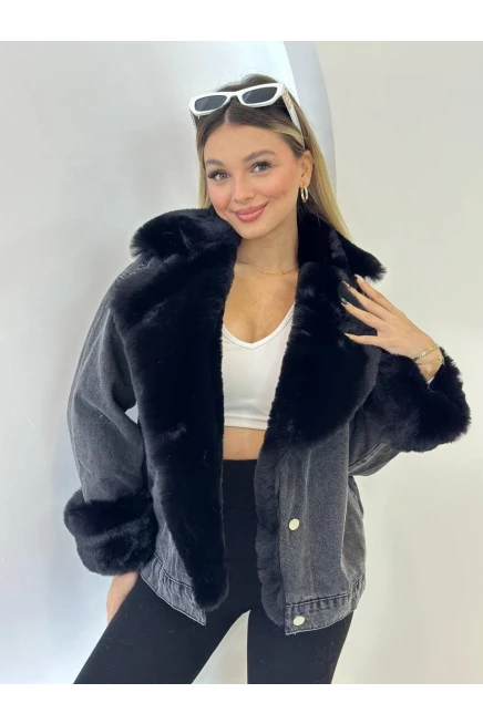 Denim Yıkamalı İçi Peluş Mont