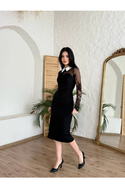 Gömlek Yaka Dantel Detaylı Elbise