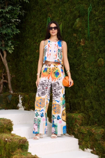 Güneş Desen 2li Crop Pantolon Takım İthal Poplin Kumaş