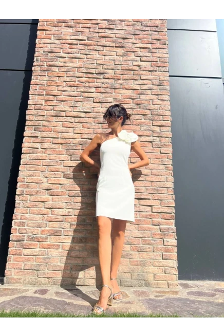 İthal Atlas Kumaş Tek Omuz Gül  Aksesuarlı Elbise