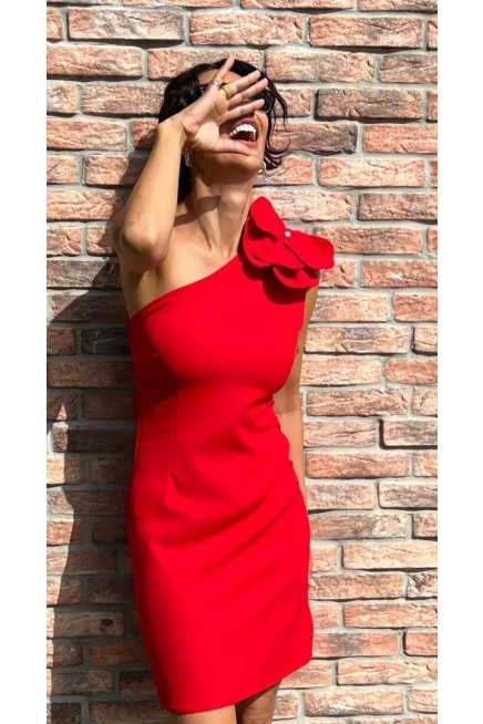 İthal Atlas Kumaş Tek Omuz Gül  Aksesuarlı Elbise