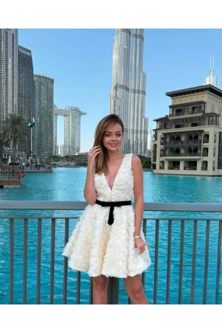 ithal Gül Desen Dantel Kumaş Kemerli Tasarım Elbise