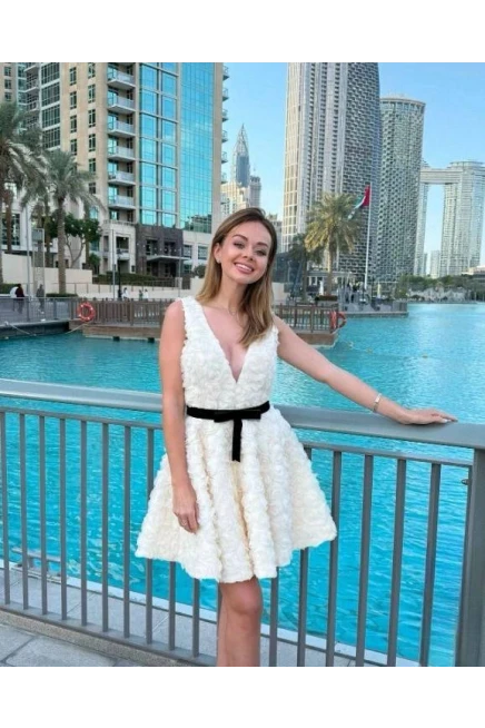 ithal Gül Desen Dantel Kumaş Kemerli Tasarım Elbise