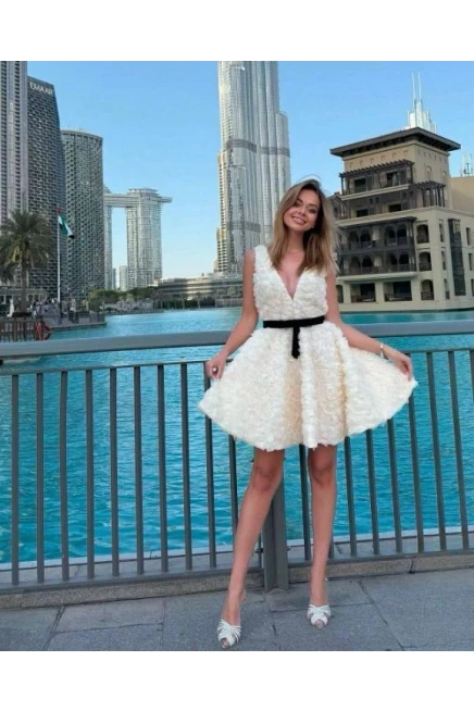 ithal Gül Desen Dantel Kumaş Kemerli Tasarım Elbise