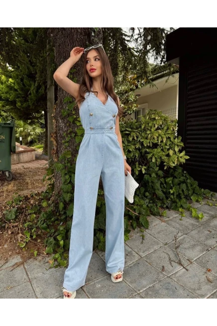 İthal Tensel Denim Tulum Gold Düğme Detay Boyundan Düğmelidir