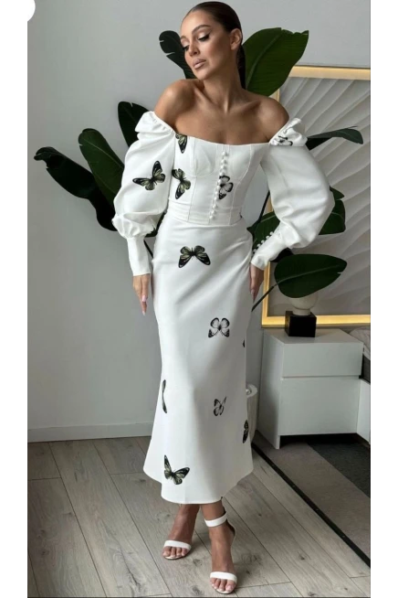 Kelebek Desen Düğme Detaylı İthal Jessica Kumaş  Elbise