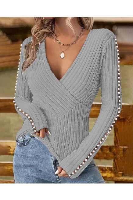 Kruvaze Yaka İncili Şardonlu Dalgıç Bluz