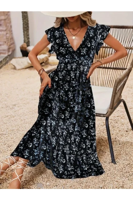 Kruvaze Yakalı Beli Lastikli Çiçek Desenli Elbise