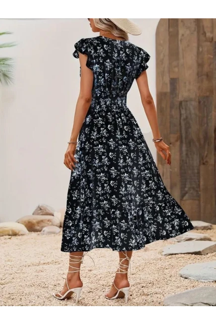 Kruvaze Yakalı Beli Lastikli Çiçek Desenli Elbise