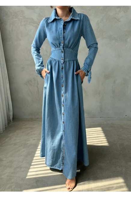 Maxi Denim Düğmeli Elbise