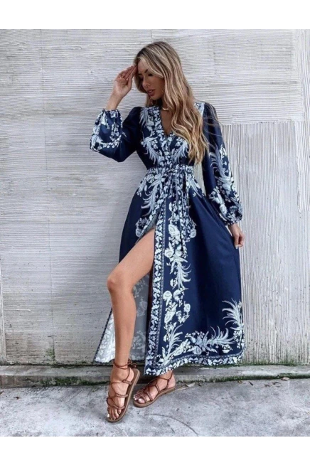 Maxi Desenli Krep Kumaş Anvelop Elbise