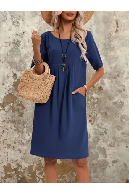 Önden Büzgülü Cep Detaylı Viskon iki İplik Elbise