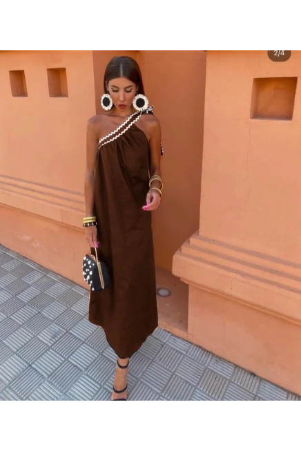 Poplin Kumaş Etnik Desen Aksesuarlı Elbise