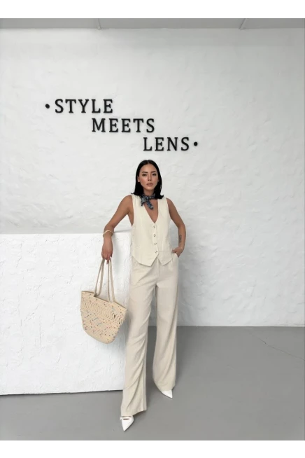 Sırt Dekolte Yelek Pantolon Takım