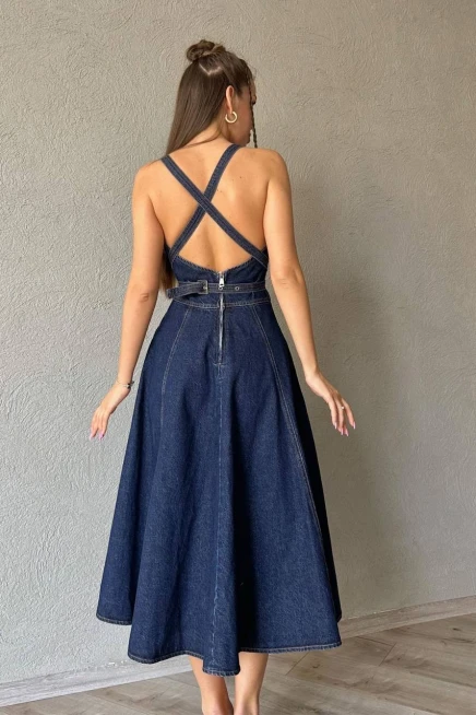 Sırt Dekolteli Tasarım Denim Elbise