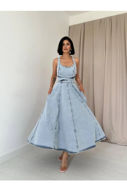 Sırt Dekolteli Tasarım Denim Elbise