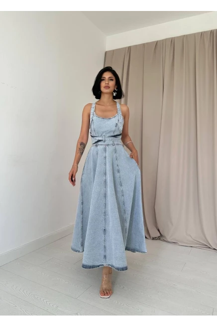 Sırt Dekolteli Tasarım Denim Elbise
