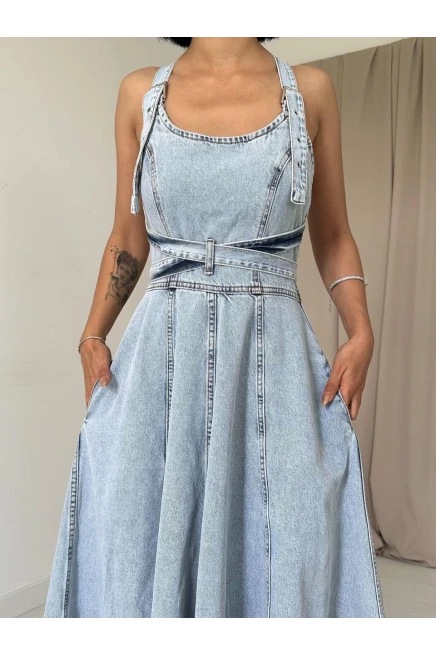 Sırt Dekolteli Tasarım Denim Elbise