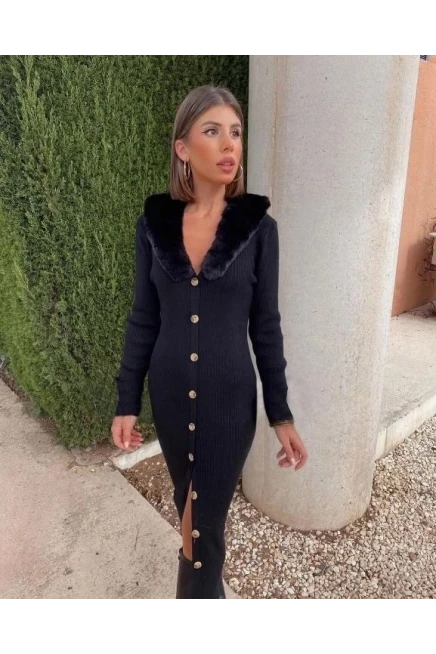 Triko Kumaş Yakası İthal Kürk Detaylı Elbise