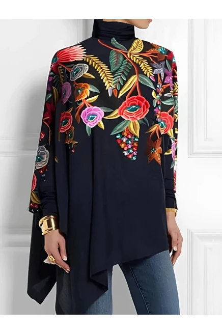 Uzun Kollu Balıkçı Yaka Asimetrik Kesim Mikro Bluz