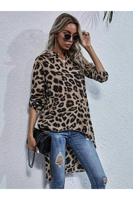 V Yakalı Leopr Desenli Asimetrik Kesim Süprem Bluz
