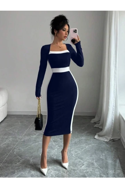 Yakası Açık Midi İthal Krep Elbise