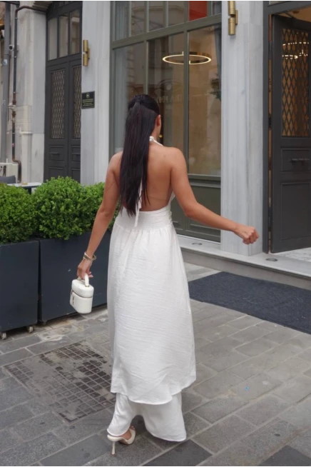 Önü Düğmeli Maxi Keten Elbise