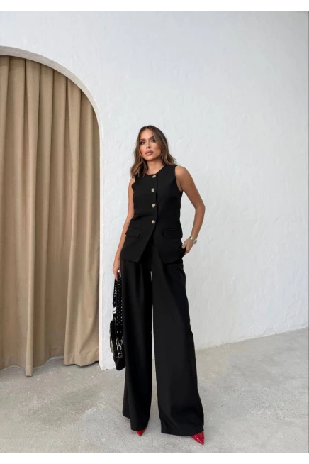 Atlas Kumaş Yelek Pantalon Takım Siyah