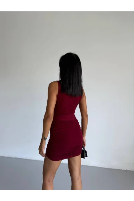 Bordo Kuşak Detaylı Elbise