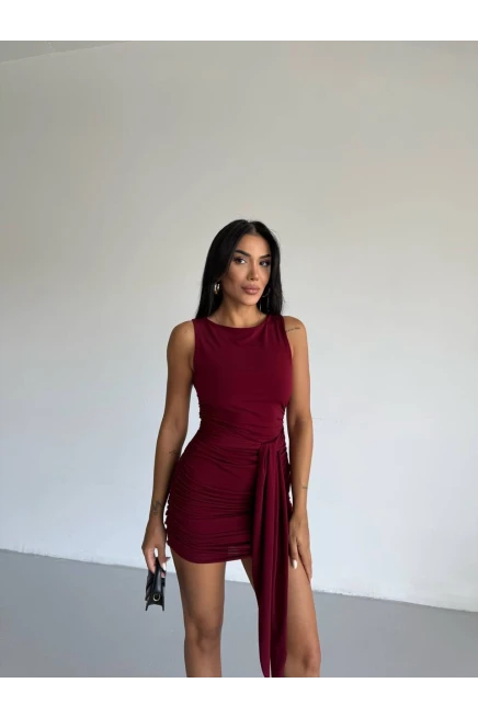 Bordo Kuşak Detaylı Elbise