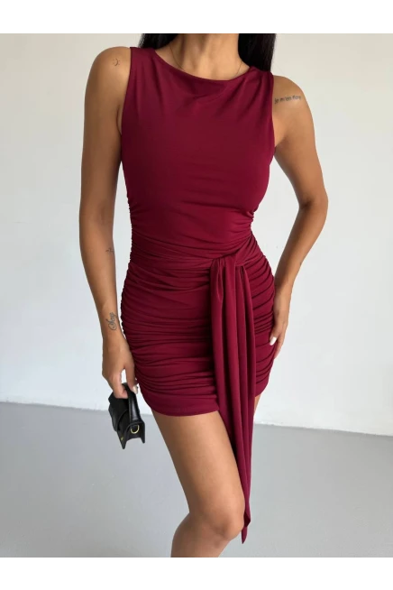 Bordo Kuşak Detaylı Elbise