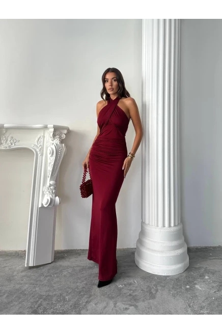 Çapraz Yaka Bordo Maxi Elbise