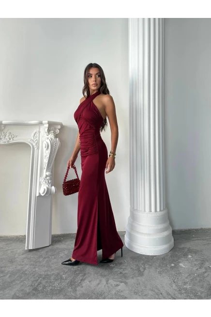Çapraz Yaka Bordo Maxi Elbise