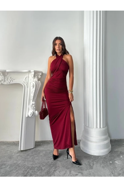Çapraz Yaka Bordo Maxi Elbise
