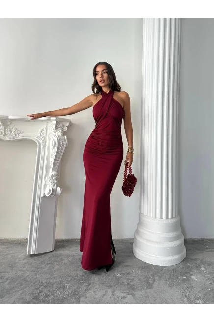 Çapraz Yaka Bordo Maxi Elbise