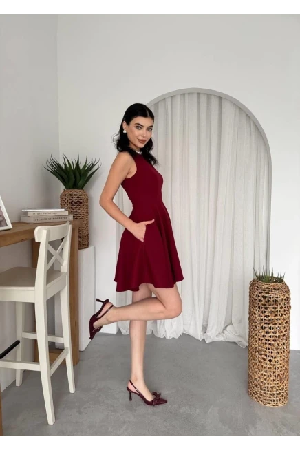 Cep Detaylı Elbise Bordo