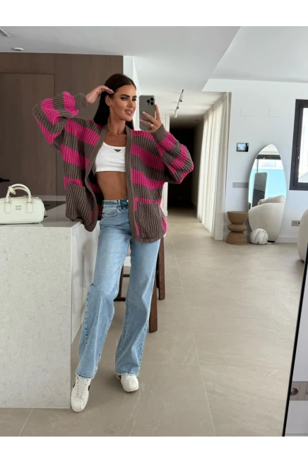 Cepli Çizgili Desen Triko Hırka Pembe