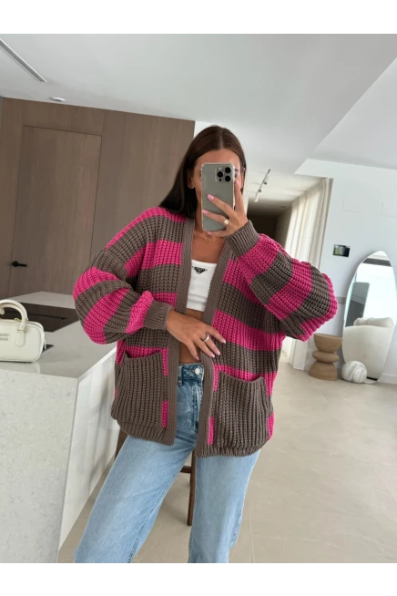 Cepli Çizgili Desen Triko Hırka Pembe