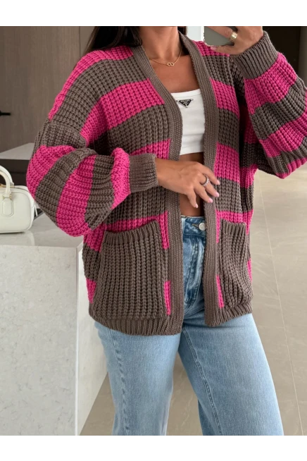 Cepli Çizgili Desen Triko Hırka Pembe
