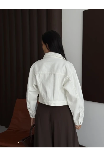 Çift Cep Denim Crop Ceket Beyaz