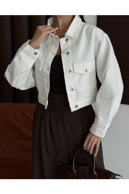 Çift Cep Denim Crop Ceket Beyaz